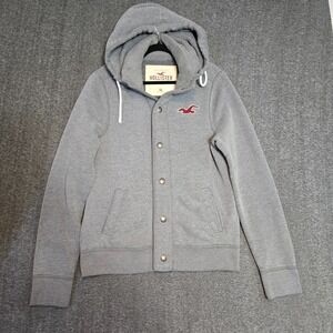 Vintage Women's Hollister‎ Snap Button Hoodie Sweatshirt Gray Logo Sz XL Fleece